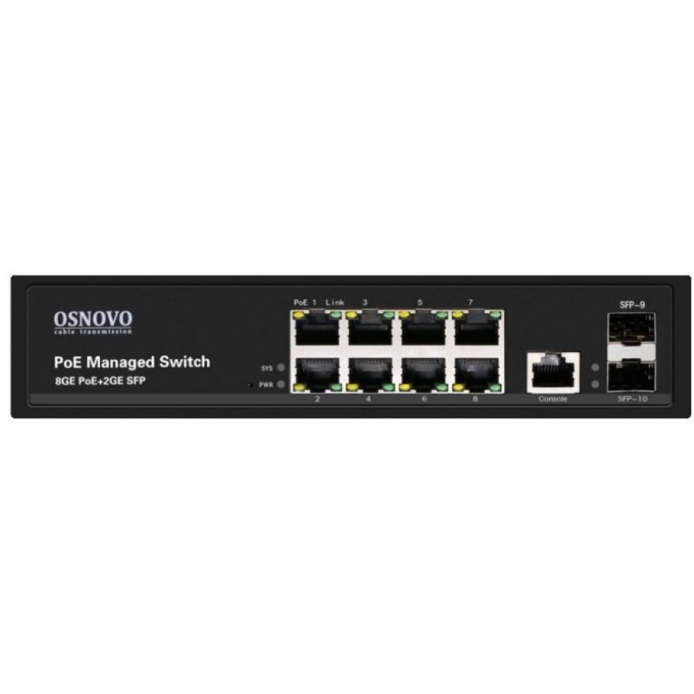 SW-80802/L(150W) Управляемый L2 PoE коммутатор Gigabit Ethernet на 8 RJ45 PoE+2 x GE SFP порта.