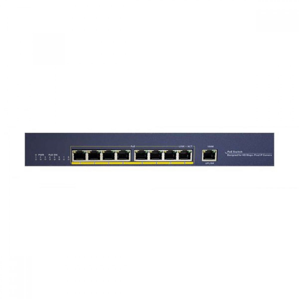Сетевой коммутатор на 9 портов с поддержкой PoE (8 портов). Мощность 25,5 Вт на каждый канал. Поддержка стандартов IEEE802.3i 10BASE-T/IEEE802.3u 100BASE-TX/IEEE802.3x Flow Control